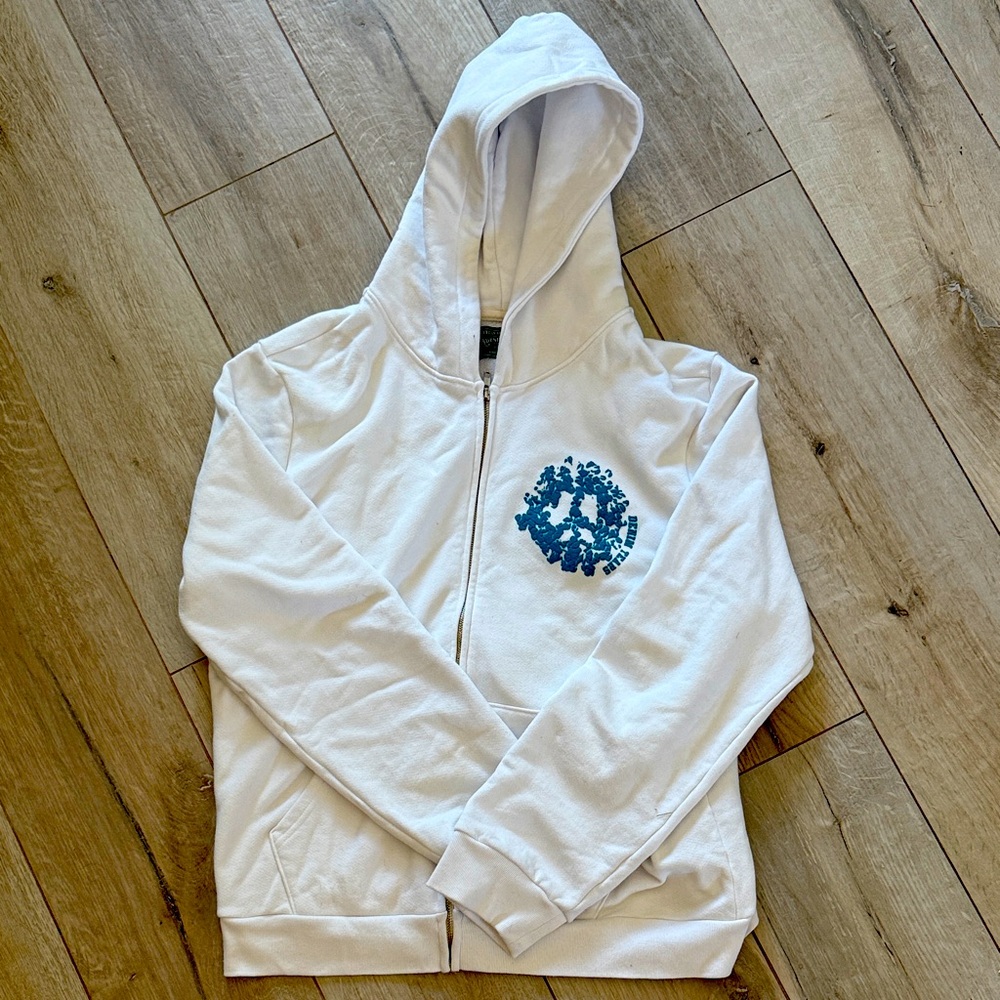 White and blue denim tears denim university zip up hoodie